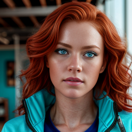 Close-up portrait of a woman with vibrant wavy red hair and blue eyes, wearing a teal zip-up athletic jacket partially unzipped, soft natural lighting, blurred indoor background, photorealistic.