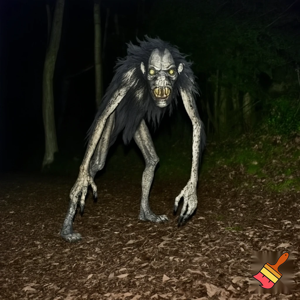 creepy dark photorealistic wendigo on trailcam
