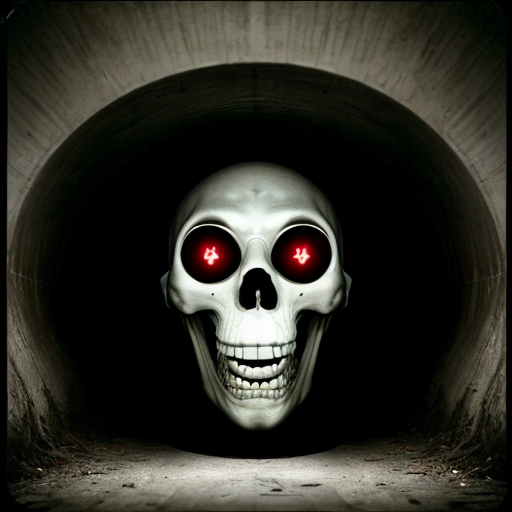 Photorealistic found-footage flash photography of three uncanny puppets in a dark concrete tunnel. Left: furry grinning demon with horns. Center: pale, blank-faced puppet in an oversized white military cap. Right: tall, grinning white puppet with hollow black eyes and a propeller beanie. Analog horror, heavy VHS grain, harsh camera flash, eerie green-blue tint, macabre, liminal space.