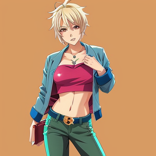 Attractive woman with an ash blonde pixie cut and a slim build wearing bold makeup wearing a cropped jacket, a bandeau top, cigarette pants with a belt and peep toe chunky heels 