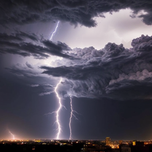 thunder and lightning striking on a city
