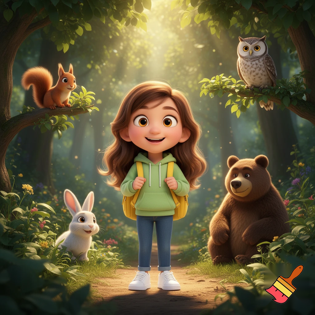 A sweet 7-year-old girl, fair skin, big expressive hazel eyes, long chestnut brown hair slightly wavy, small round nose, soft rosy cheeks, gentle smile. She wears a light green hoodie, blue jeans, white sneakers, and a small yellow backpack. Pixar-style 3D character, soft lighting, rounded shapes, child-friendly proportions, high-quality 3D illustration.
Standing at the entrance of a magical forest, tall trees, soft sunlight filtering through leaves, friendly forest animals around her (squirrel, rabbit, bear, owl), joyful and welcoming atmosphere, children’s book cover, square format, 1:1 aspect ratio, centered composition
