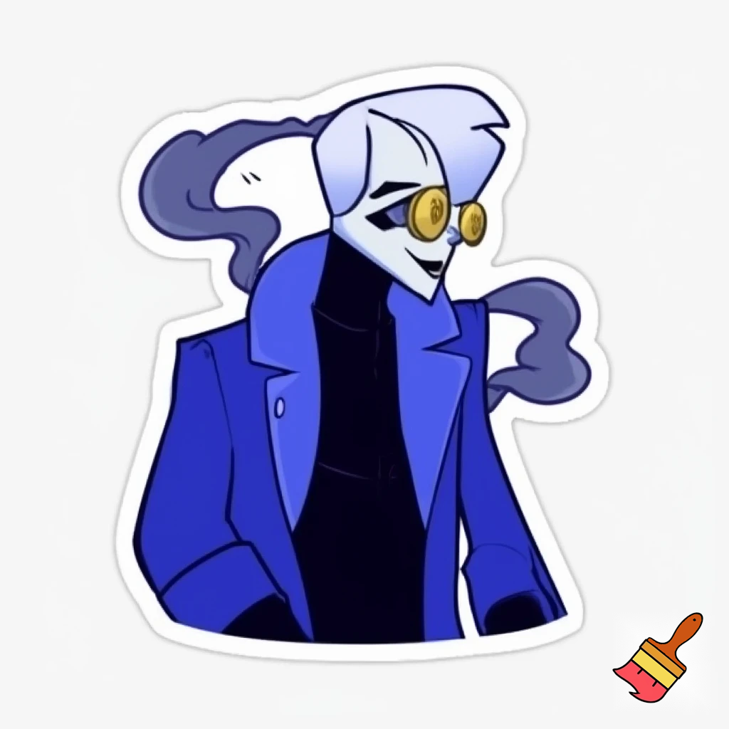 A tall, lean pale man with white hair, distinctive round brass glasses In cartoonish art style of hazbin hotel wearing his signature blue overcoat and smoke curling around him
