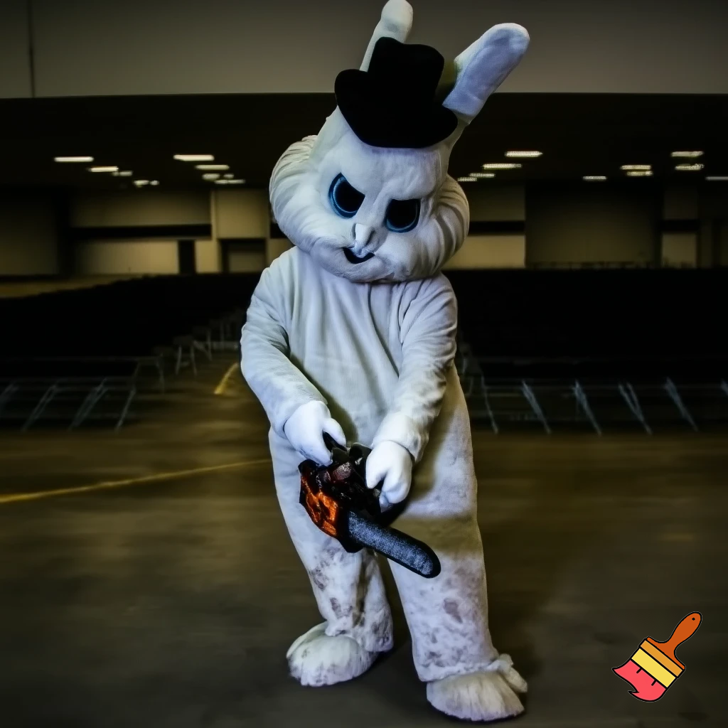Easter bunny with a chainsaw with a top hat mascot costume