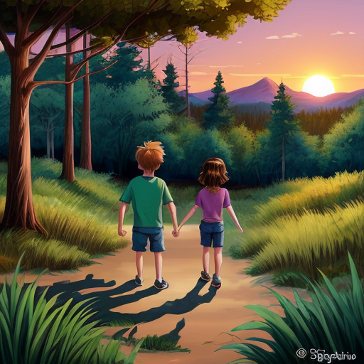 Two kids one girl one boy back to back in a forest sunset adventure  cartoon