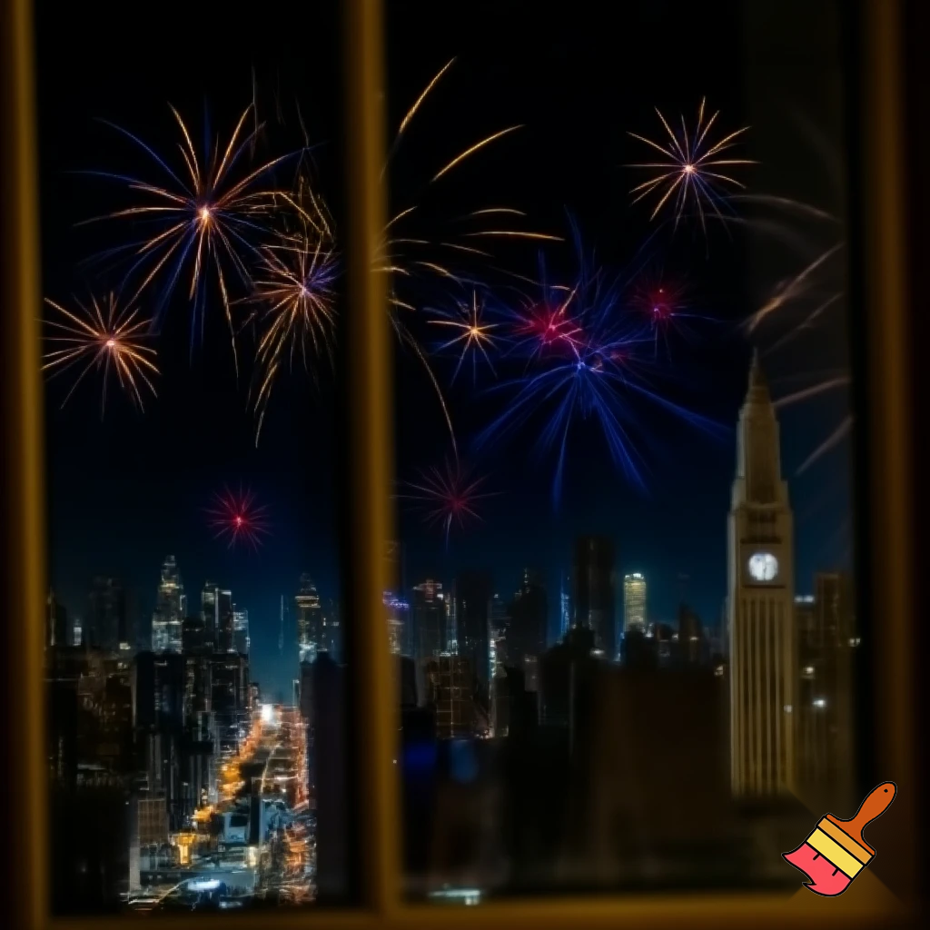 view from a window on a city at night, the clock tower at the right side and fireworks on the sky