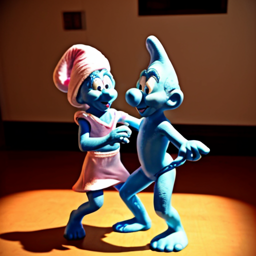 Show me a picture of Smurf and Smurfette dancing together.