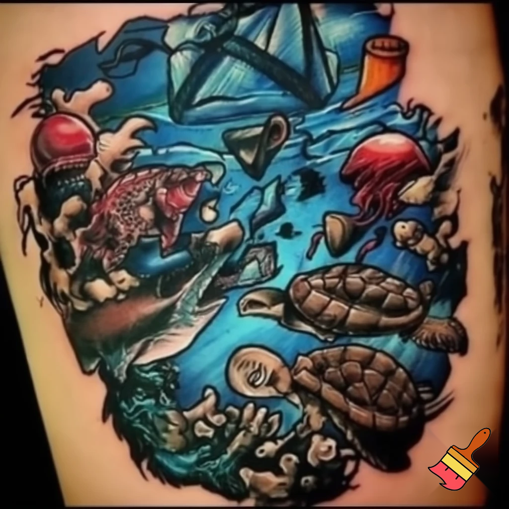 eo-school tattoo style underwater scene, bold black line art, dynamic perspective, vibrant and saturated colors, expressive marine life (fish, turtles, jellyfish) interacting with floating plastic and trash, dramatic lighting with depth and motion, exaggerated cartoonish proportions, clear composition for tattoo placement, intricate details in water textures, playful yet symbolic depiction of ocean pollution, background with waves and subtle bubbles, balanced negative space for tattoo readability, high contrast, sharp outlines