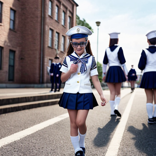 Cute adorable niña Chilindrina glasses con hair lazo con sailor uniforme escolar con zapatos negros escolar con calcetines blancos con sombrero sailor con caminar con desfile con ciudad 1