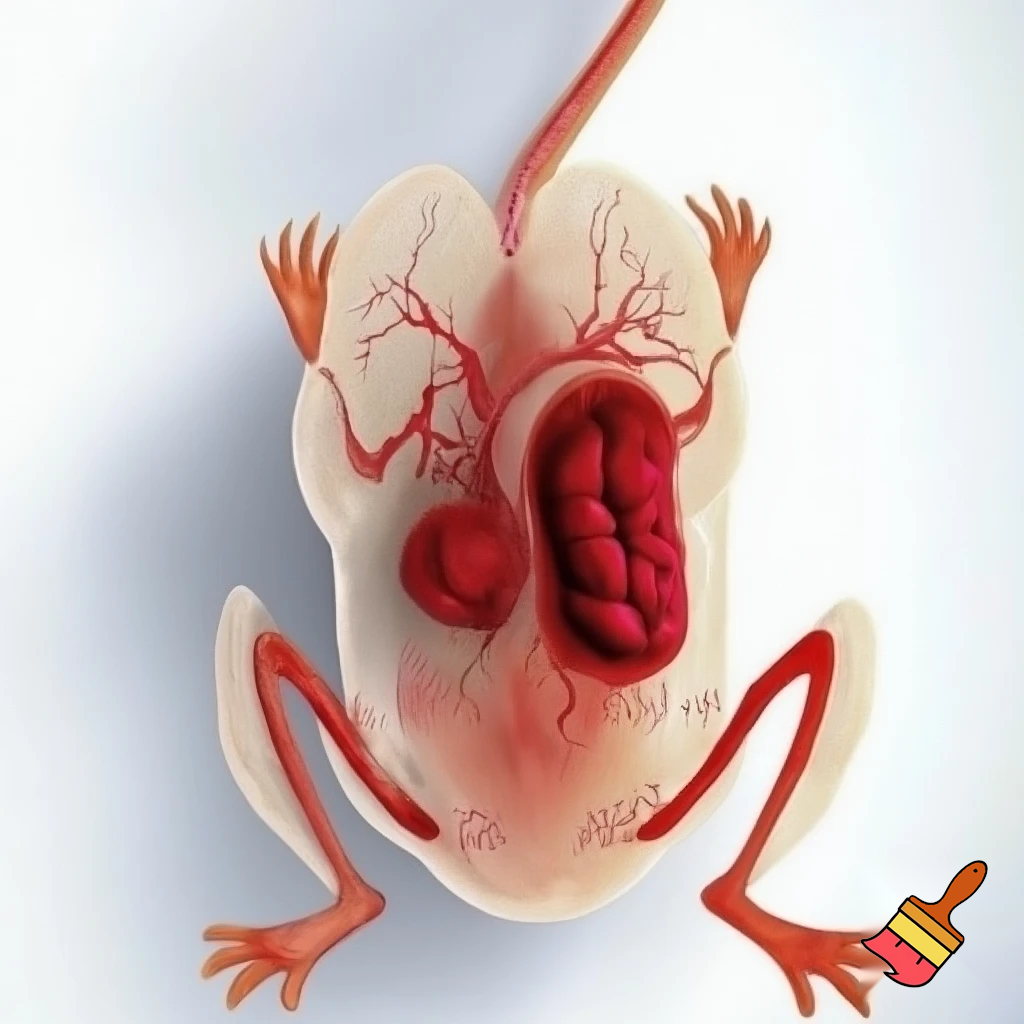 为我生成一张图片，图片中展示一个仰卧的小白鼠，在脑部、心脏、下腔静脉、后肢和肠系膜部位指示有血栓形成。