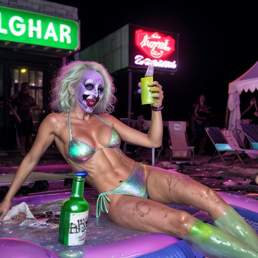 a grotesque yet mesmerizing tableau of absolute debauchery—a neon-lit backyard party where hell itself seems to have RSVP'd. A towering, rusted statue of Satan looms at the center, its hollow eyes dripping black ichor onto a pile of broken liquor bottles and half-eaten fast-food wrappers. Around it, elderly women in frayed, sequined bikinis lounge on plastic lawn chairs, their sagging skin mottled with bruises and cocktail umbrellas stabbed into their limbs like macabre decorations. Drunken clowns in smeared makeup stagger through the scene, one vomiting iridescent pink vomit into a kiddie pool filled with murky vodka, while another absentmindedly juggles his own severed fingers. The ground is a sticky mosaic of blood, spilled schnapps, and glitter, with a severed foot still wearing a stiletto propped against a cooler overflowing with ice and… are those teeth? The air shimmers with the stench of gasoline, cheap perfume, and rotting meat, as a deflating balloon animal slowly dissolves into a puddle of acid-green ooze.