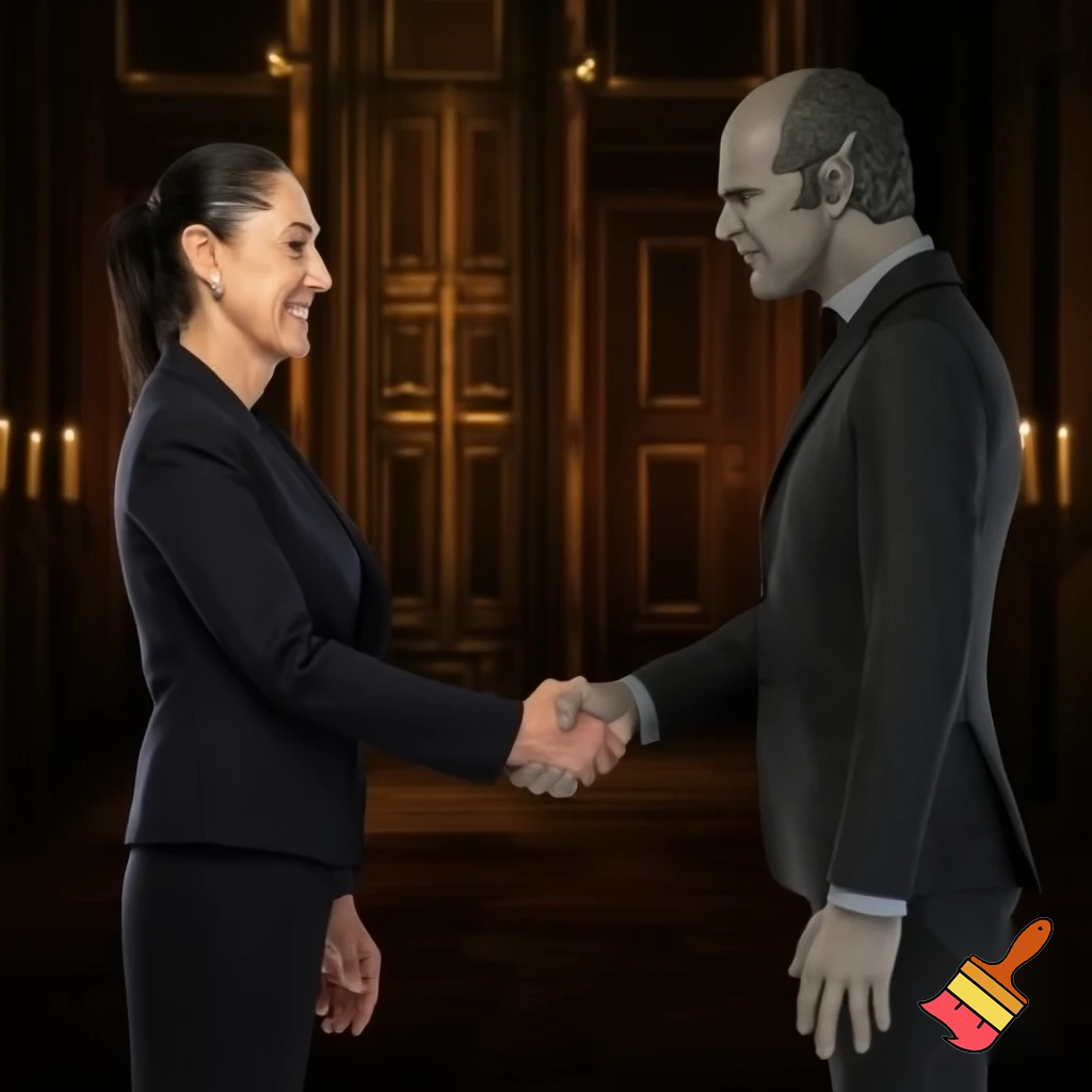 claudia sheinbaum holding hands with the devil and smiling, full body, making deals