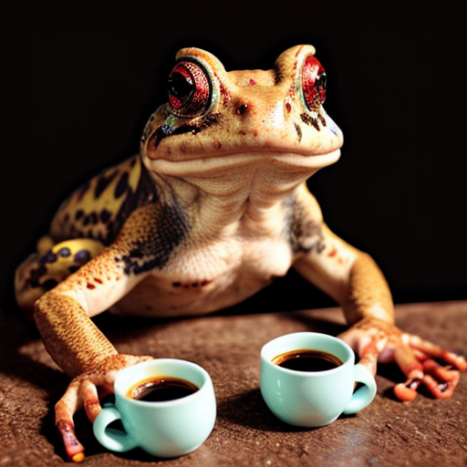 A hillarious, funny boho toad with some hippie colored coffee cups. Psychedelic decorated background.