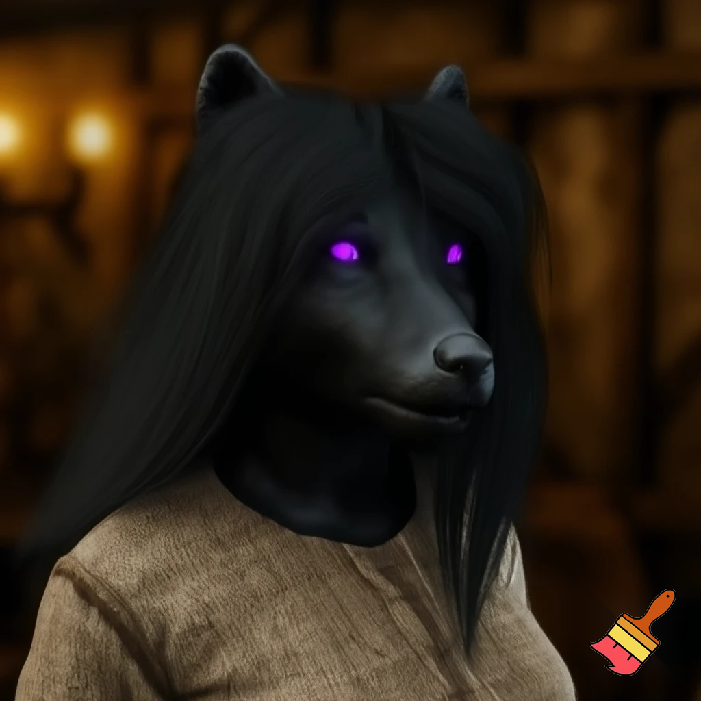 Anthro female black wolf with long pretty black hair and purple eyes, wearing a brown medieval shirt