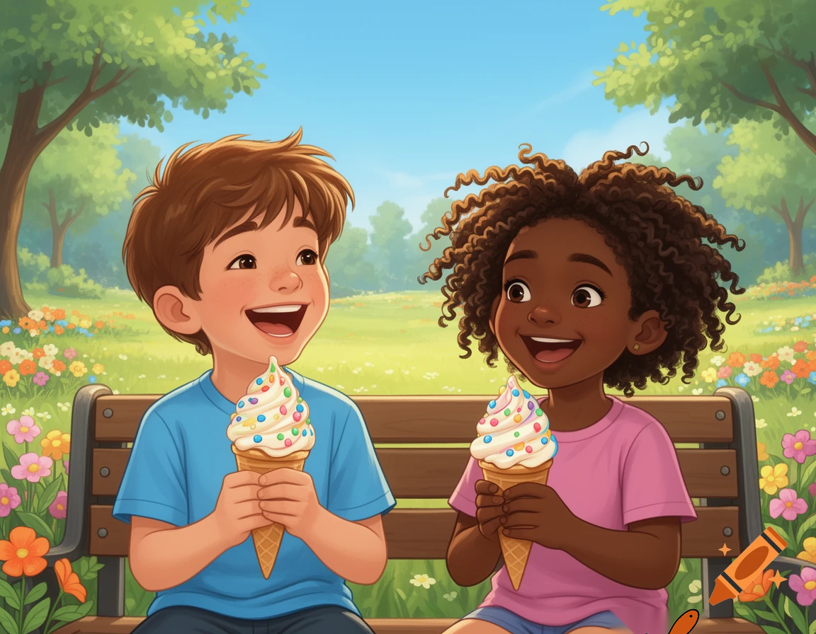 A wholesome scene suitable for children. A ten year old couple having fun on their first date. They are enjoying ice cream together. He is white and she is black. 