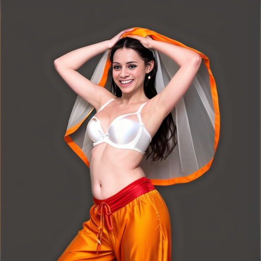 90's disney's 2d aladdin style comic dark blue background and panels of panel 1 raya barefoot with orange harem pants and orange bra and orange curved slippers with both hand palms place together and hiding the bottom of her mouth with a orange veil wrapped around her arms and attached to her head. 
panel 2 she danced with orange harem pants with orange bra and orange curved slippers with a orange veil wrapped around her arms and shoulders and raising legs and bounced up and down her belly and shook her hips left and right. 
panel 3 as raya with orange harem pants and orange bra and orange curved slippers spreading her arms, happily revealing her face to the viewer and giving a smile as she turns around shook her butt left and right. 
Panel 4 raya with orange harem pants and orange bra and orange curved slippers started to fading away , except her belly, which is bouncing around. 
Panel 5 then the ball transforms into the fading in belly of elsa barefoot with white harem pants and white bra and white veil wrapped around her arms and shoulders with her swaying her hips. 
Panel 6 elsa barefoot with white harem pants, white bra and white veil wrapped around her arms and shoulders and with her hand palms place together between her chest and she gives a smile and winking her left eye.  