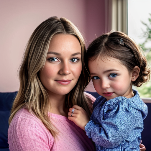 create a family photo of a 27 year old mother with dark blonde hair with blue eyes and her 2 year old daughter with blonde hair with blue eyes in pink at a house