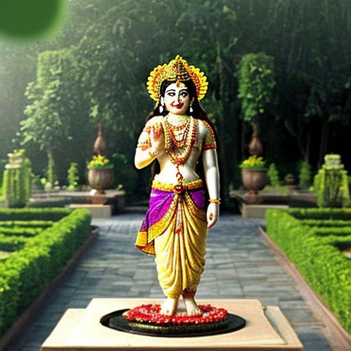 lord Krishna standing in garden with floot and sudharshana Chakra and smiling