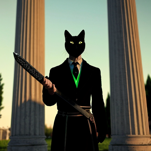 Genera una imagen de una columna griega con de rosas con espinas, las rosas salen desde abajo conforme van subiendo se van degradando hasta perderse en la columna, en la columna quiero que se vea un caballero, en la columna centrado de pie sosteniendo una espada al frente, que el caballero sea parte de la misma columna con el mismo material de la columna, también quiero que los colores sean bioluminiscentes, pero con un estilo gótico, y que haya un gato negro con ojos verdes abajo de la figura del caballero