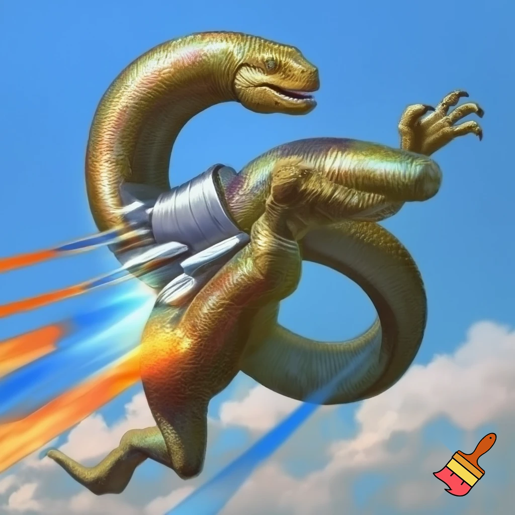 A snake with t-Rex arms and legs that has a jetpack