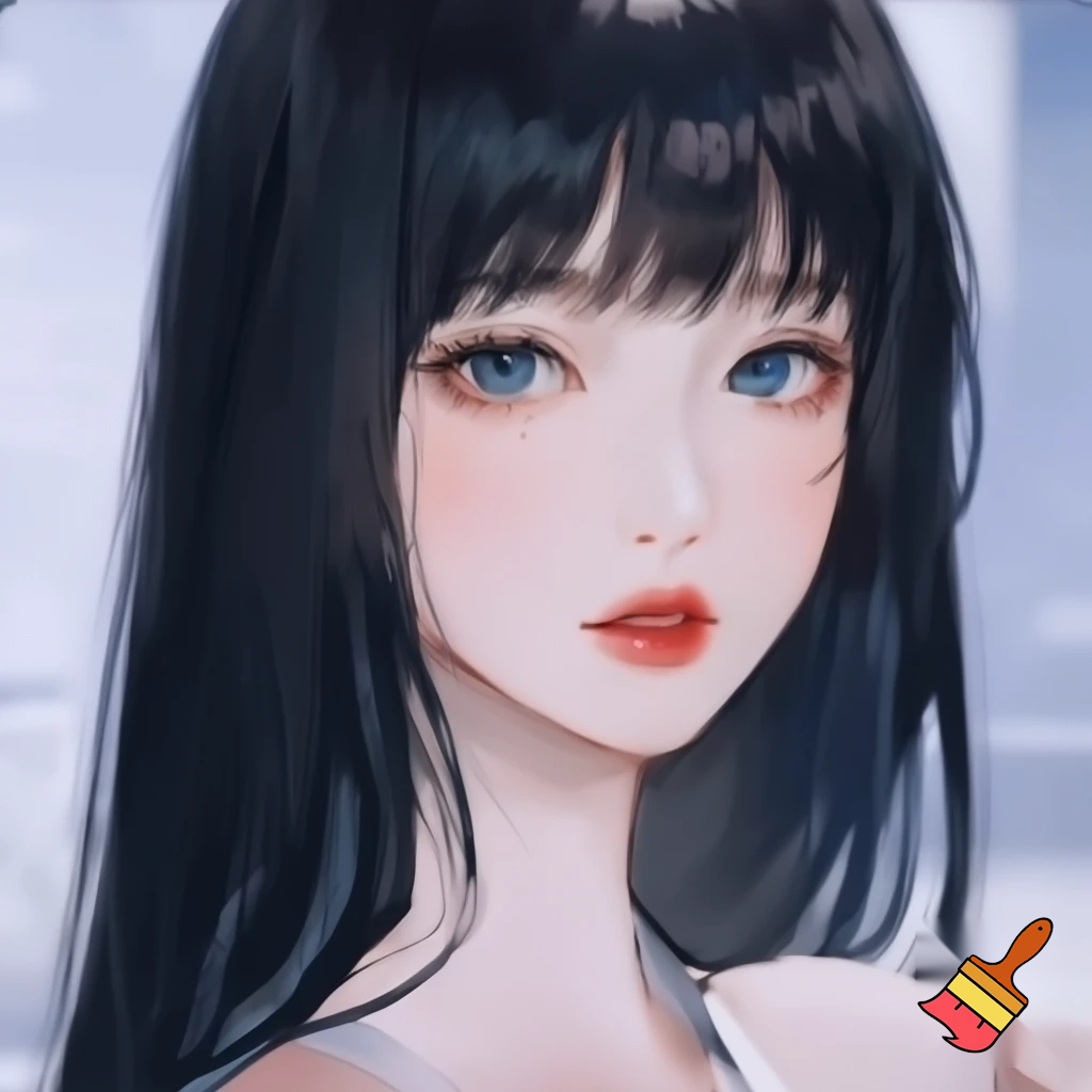 Female lead manhwa long black straight hair , ocean blue eyes, white skin ,red lips no lighting and no make up less realistic 
