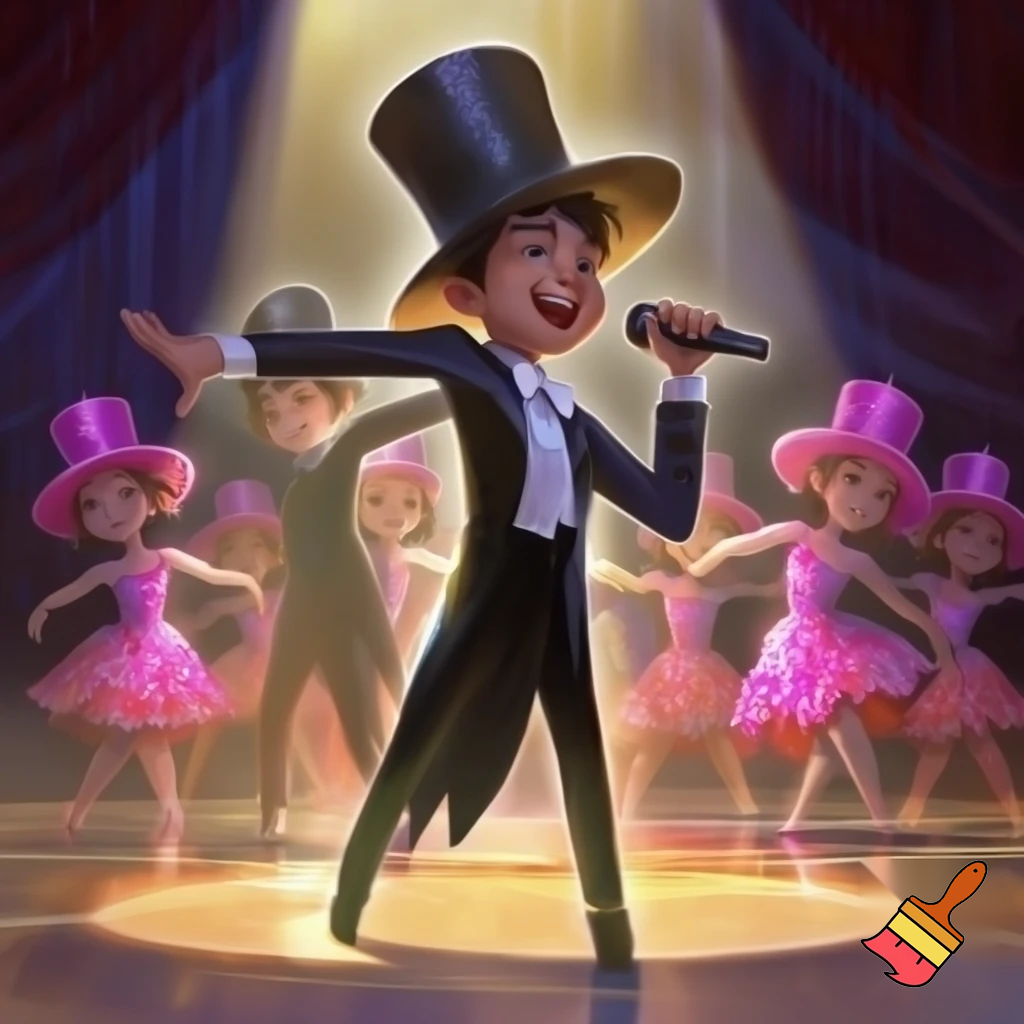 Preteen Boy in Shiny Top Hat White Bowtie Black Tailcoat Black Shiny Shoes Singing in Microphone on big Stage smiling. Behind him, two dancing boys in Top Hats and Tailcoats and two dancing Girls in Shiny Pink Hats and Sequined Pink Ballroom Dresses