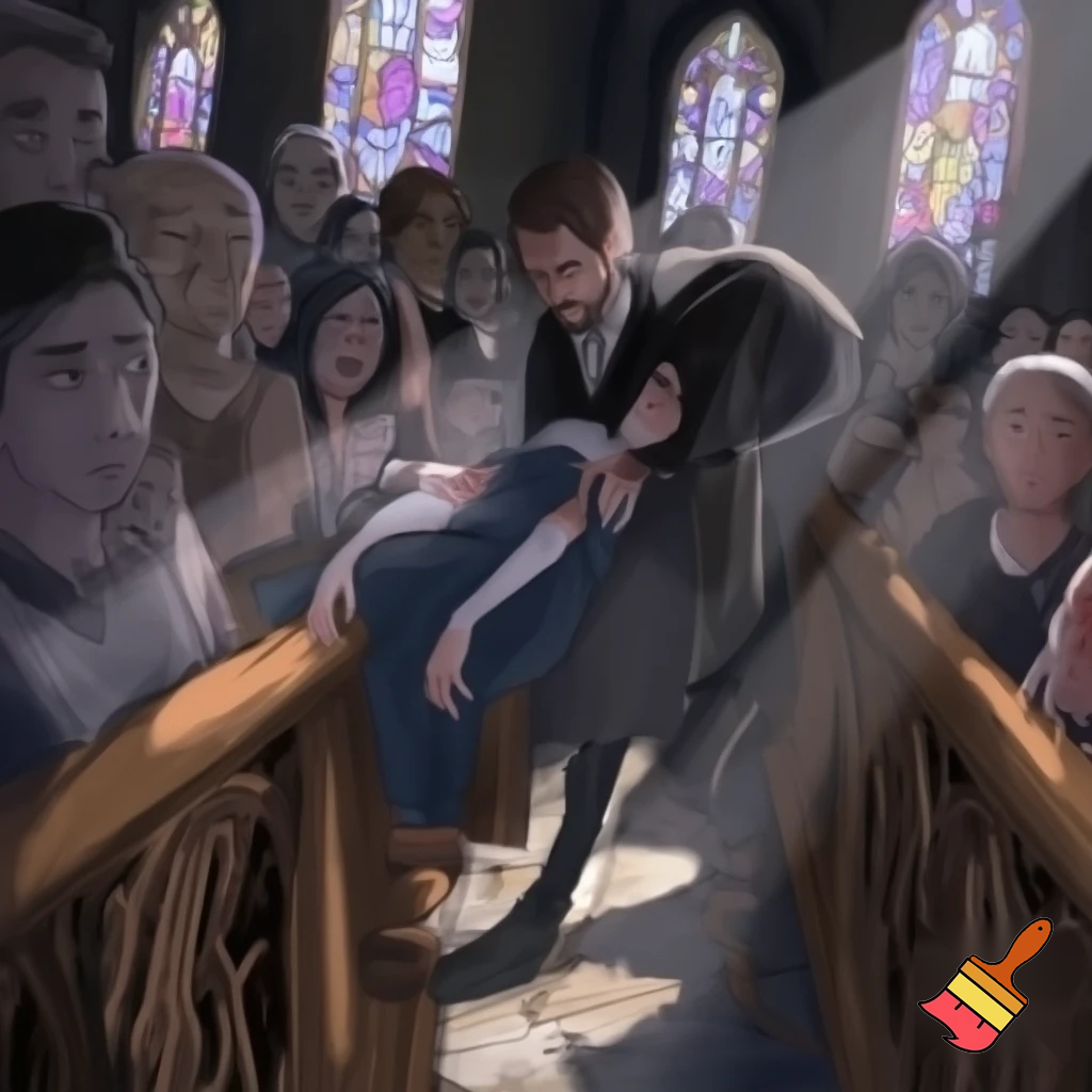 Create a girl that fainted in church and someone is carrying her while all the people look worried