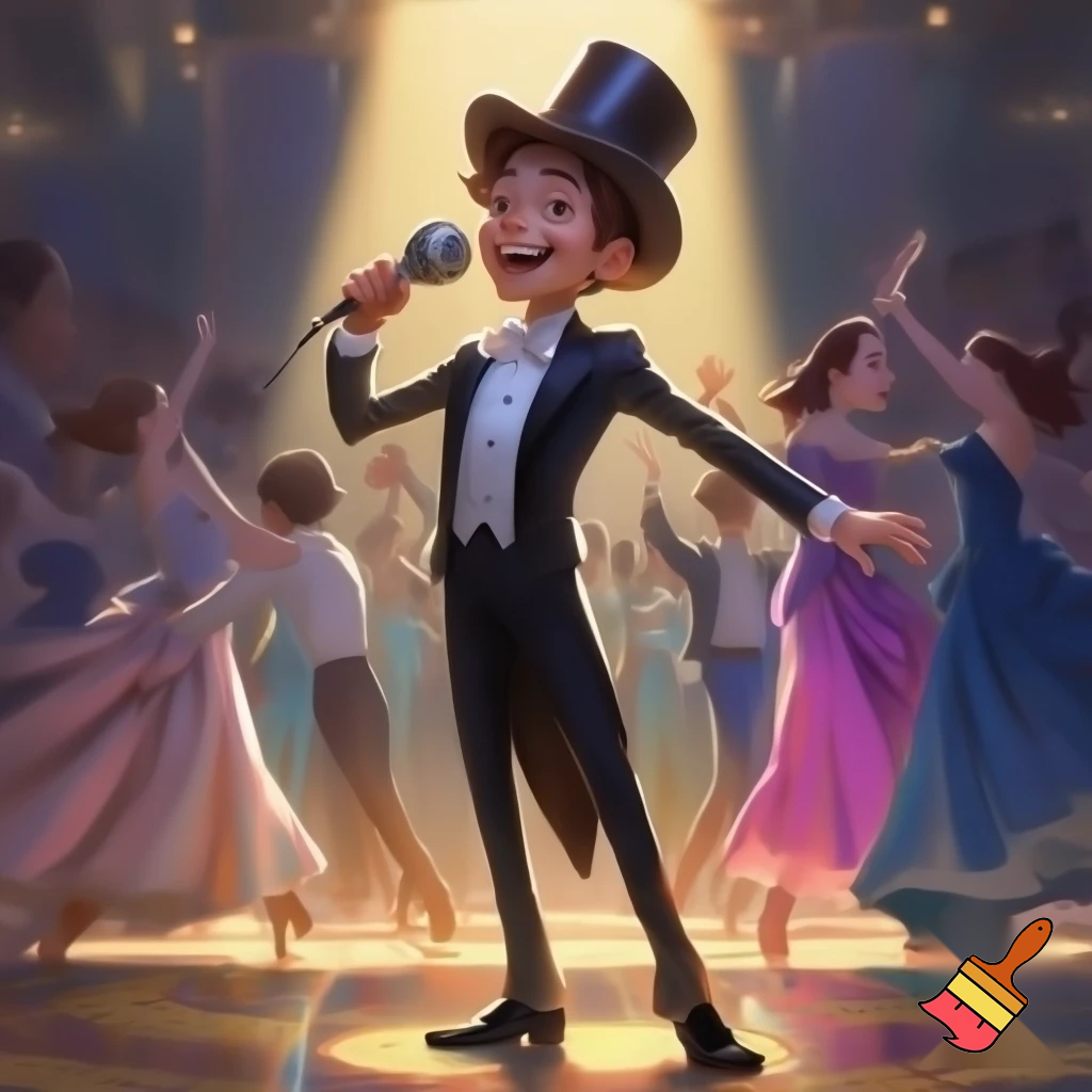 Preteen Boy in Shiny Top Hat White Bowtie Black Tailcoat Black Shoes Singing in Microphone on a big Stage. Behind him Ballroom Dance Kid Couples Dancing, Boys in formal stylish Tailcoats, Girls in beautiful Ballroom Gowns