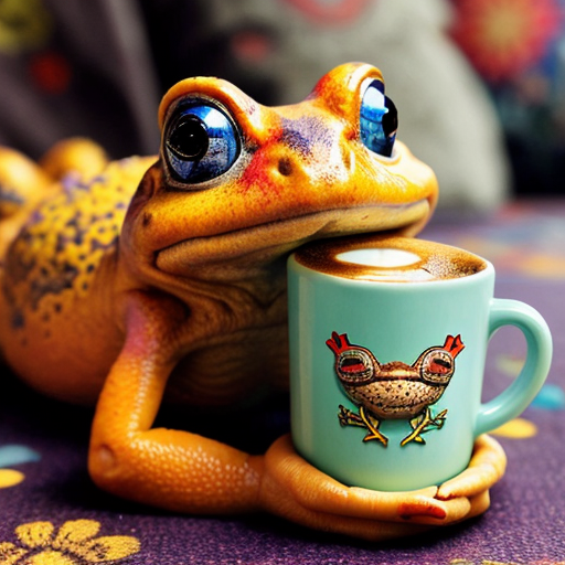 A hillarious, funny boho toad with some hippie colored coffee cups. Psychedelic decorated background, hyperrealistic. Close-up view.