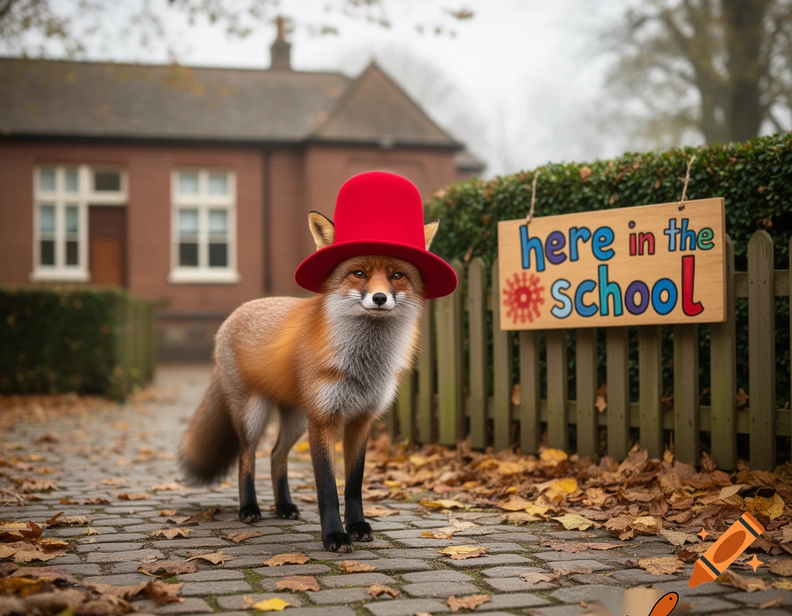 fox with a red hat says here in the school