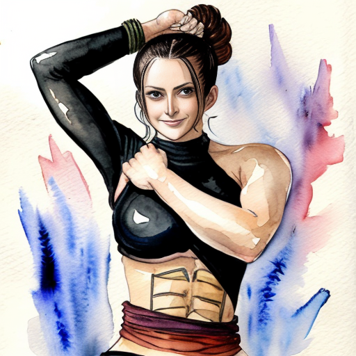 Nami one piece versione kunoichi posizionata frontalmente gambe divaricate piegata in avanti leggermente piegata di lato con un braccio piegato a se col pugno chiuso al busto e l'altro braccio disteso in alto con la mano aperta palmo verso l'alto