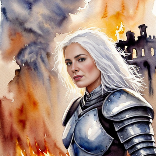 young, tall, white-haired woman in armor stands in front of a burning castle into which meteorites are falling.
