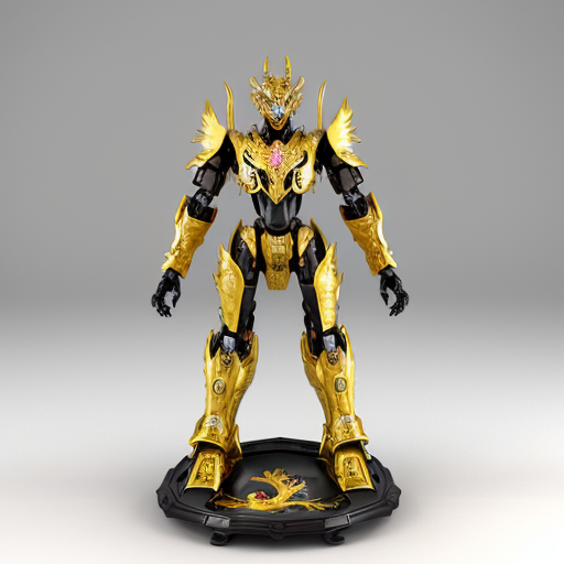Chinese mythology mecha toy, combination of five divine beasts: dragon, turtle, tiger, phoenix, qilin. Glossy PVC plastic机甲 figure, shiny reflective surface, mechanical details, joints, armor plates, bright studio lighting, isolated white background, 3d render, product photography, highly detailed.