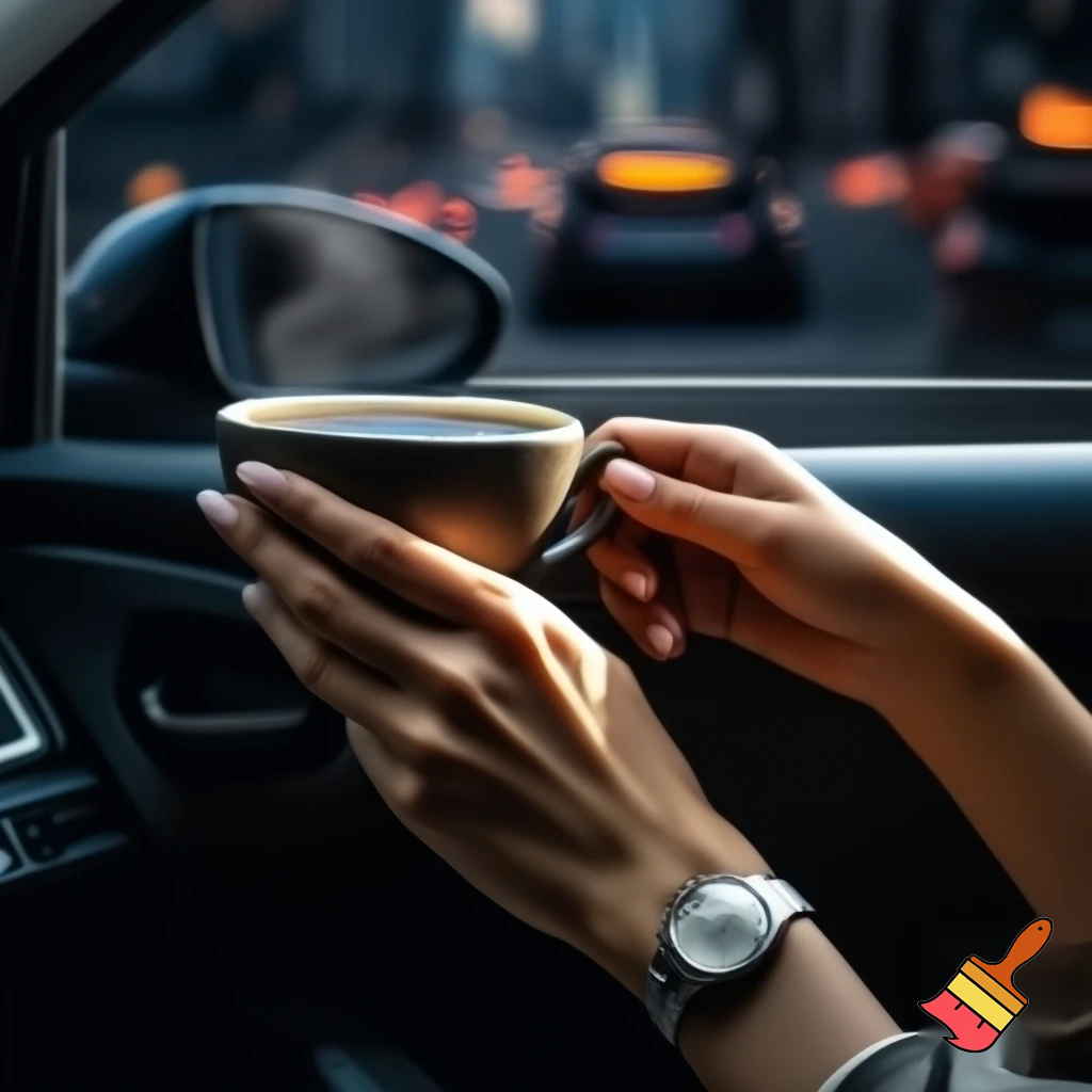 give me a photo of a successful woman holding a cup of coffee in her car, her face should not appear in the photo
