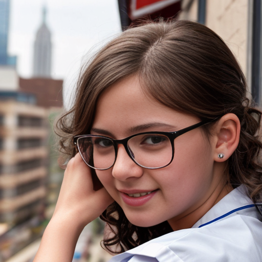 Cute adorable niña Chilindrina y enfermera glasses con hair lazo curly con verano casual formal elegante sensual sexy con close up whispering touching ear each other secrets con paséo con ciudad 3