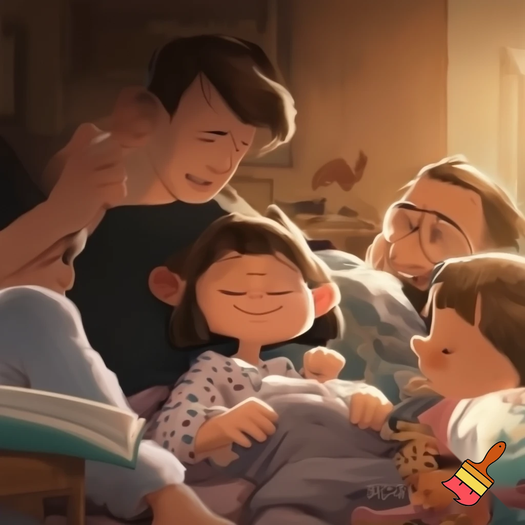 A family the brother has a bob cut two inches long and is wearing his pj

