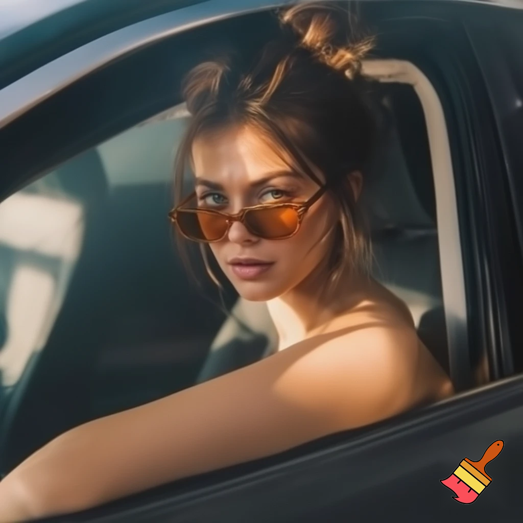 Prompt 👉 A candid lifestyle photograph of a confident young woman sitting in the front passenger seat of a modern car. She is leaning bend slightly toward the center console, revealing her full cleavage, wearing a minimal summer outfit and oversized amber-tinted sunglasses. Her hair is styled in a casual messy bun with loose strands framing her face. Natural daylight streams through the car windows, creating soft highlights on her skin and subtle shadows inside the car interior.