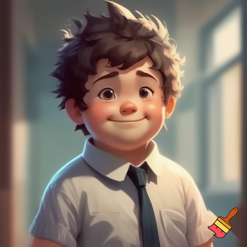 A teenager boy with haircut spiky hair , chubby in school uniform 