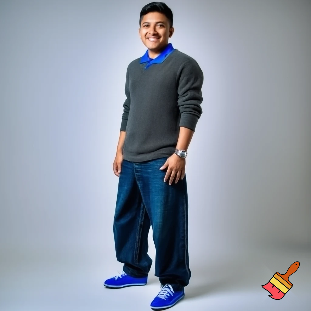 Moos is wearing a grey sweater and a blue baggy jeans and a blue polo. For the accessories Moos is wearing a rolex and blue shoes.  