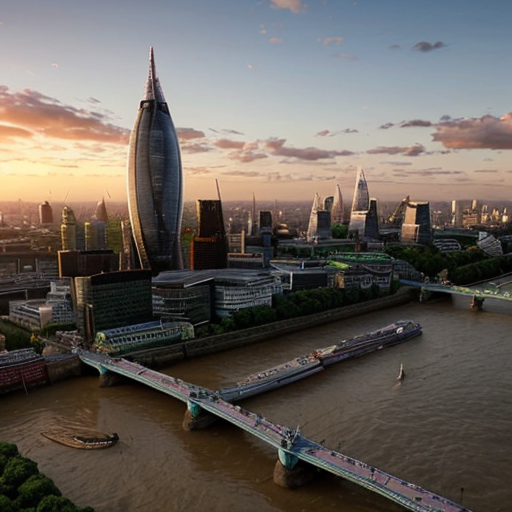 make the skyline of london with a sunset and fluying cows in the sky