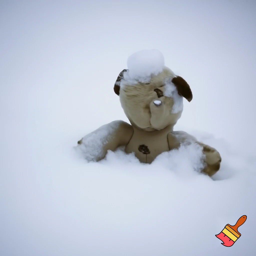  a dog stuffed animal with the stuffing still inside and he’s getting buried in very, very deep snow