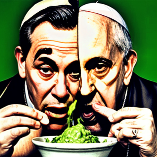 Pope Francis (left) and Pope Leo XIV (right) vomiting, green and snotty vomit from their streched mouths, and into the same bowl (center), dark, gritty, realistic

