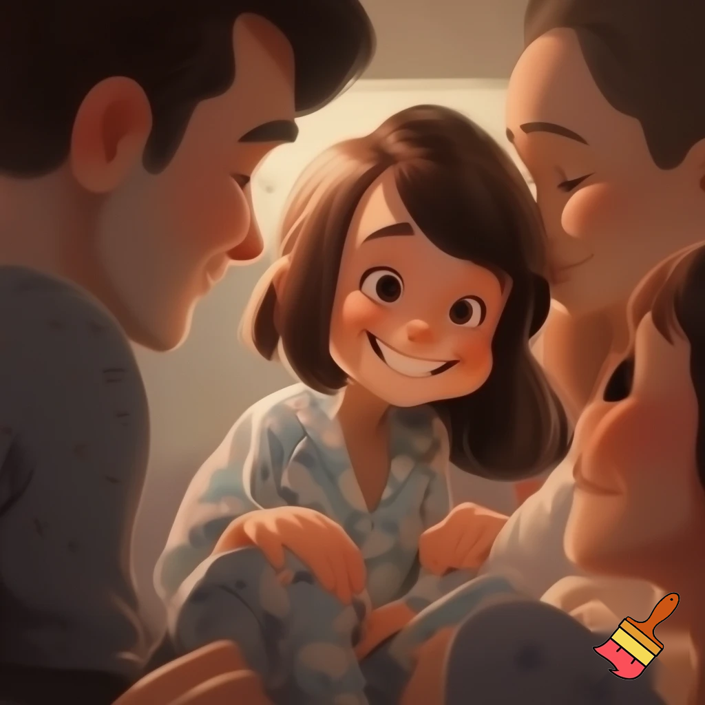 A family the brother has a bob cut two inches long and is wearing his pj

