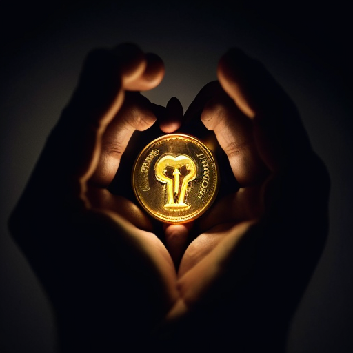 Faceless human silhouette thinking with glowing coins and abstract brain floating around, dark cinematic background, minimalistic style, mysterious and futuristic vibe, high resolution, cinematic lighting, centered composition, professional look