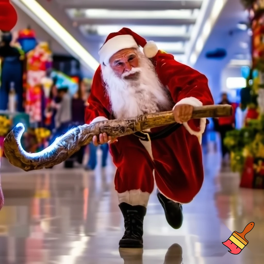 Santa Claus running with the walking stick running with his magic walking stick walking in the shopping centre with the walking stick magic staff walking stick affectation