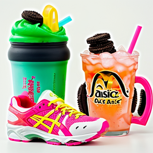 cree moi une image, un fond blanc avec une pere de asics gel kayano rose, une boisson oasis, un sac de macdo, un doudou hello kitty (que la tête), trois oreo, red bul vert
