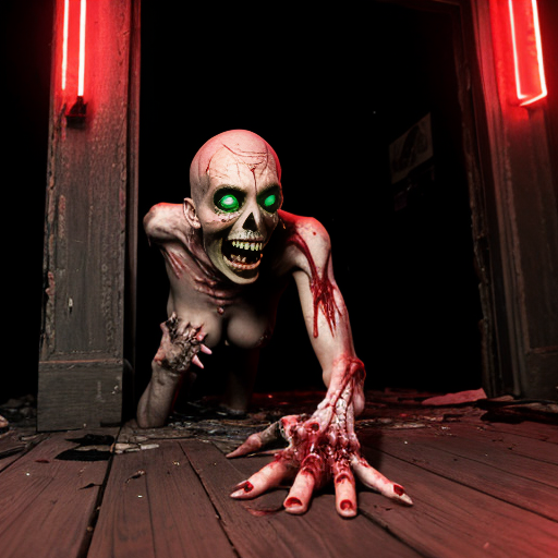 a dimly lit, smoke-choked dive bar plunged into chaos as rotting, Fulci-style zombies burst through the shattered front door and windows. Their decayed faces glisten with wet, stringy gore, eyeballs milky-white or dangling from sockets, as they lurch forward with grotesque hunger. A bartender’s head is halfway torn off, arterial spray arcing across the neon beer signs, while a patron screams mid-bite, intestines spilling from a zombie’s fist like wet rope. Glass shards and broken stools litter the sticky floor, now slick with blood and spilled liquor. One zombie’s jaw hangs by a tendon, its teeth buried in a biker’s neck as he futilely tries to shove it off, his fingers sinking into its putrid flesh. The lighting—sickly green and flickering—casts everything in a nightmarish glow, amplifying the visceral horror of entrails, shattered teeth, and the gleam of exposed bone