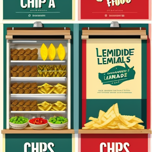 create a poster for food stall both are different food items  "chips-salad , lemonade" 