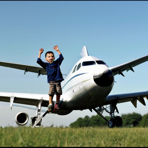 a boy catch an airplain the fly with it 
