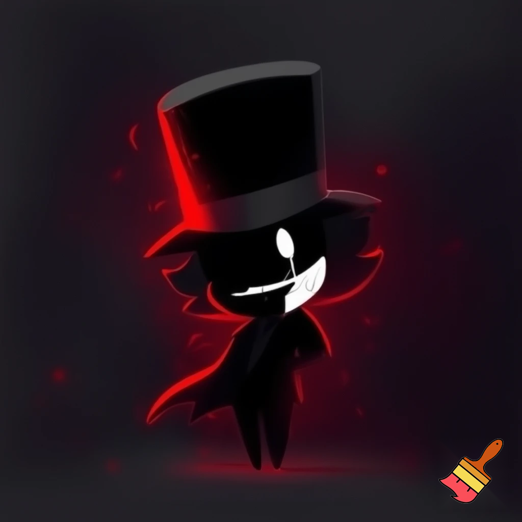horror mascot icon of a mysterious shadow-like gentleman.
A dark humanoid figure made of living shadows, emitting subtle glowing red particles.
He wears a short black top hat and an elegant dark coat.
His face is covered by a white theatrical mask showing both a laughing and crying expression at the same time, with fully white, painted eyes and white tears dripping down.
The character has a small chibi body with a large head, elegant posture, refined and classy appearance.
Dark horror illustration style with sharp, expressive lines, deep blacks and grays, high contrast lighting, and vivid red glowing particles.
Cute but unsettling, elegant yet sinister.
Minimal background, dark vignette, centered composition.
High detail, clean silhouette, perfect for a brand mascot icon.